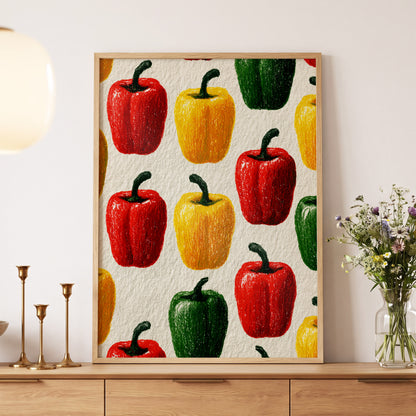 Pepper Parade, red, yellow, green nature wall art displayed in a styled interior, gallery view 5