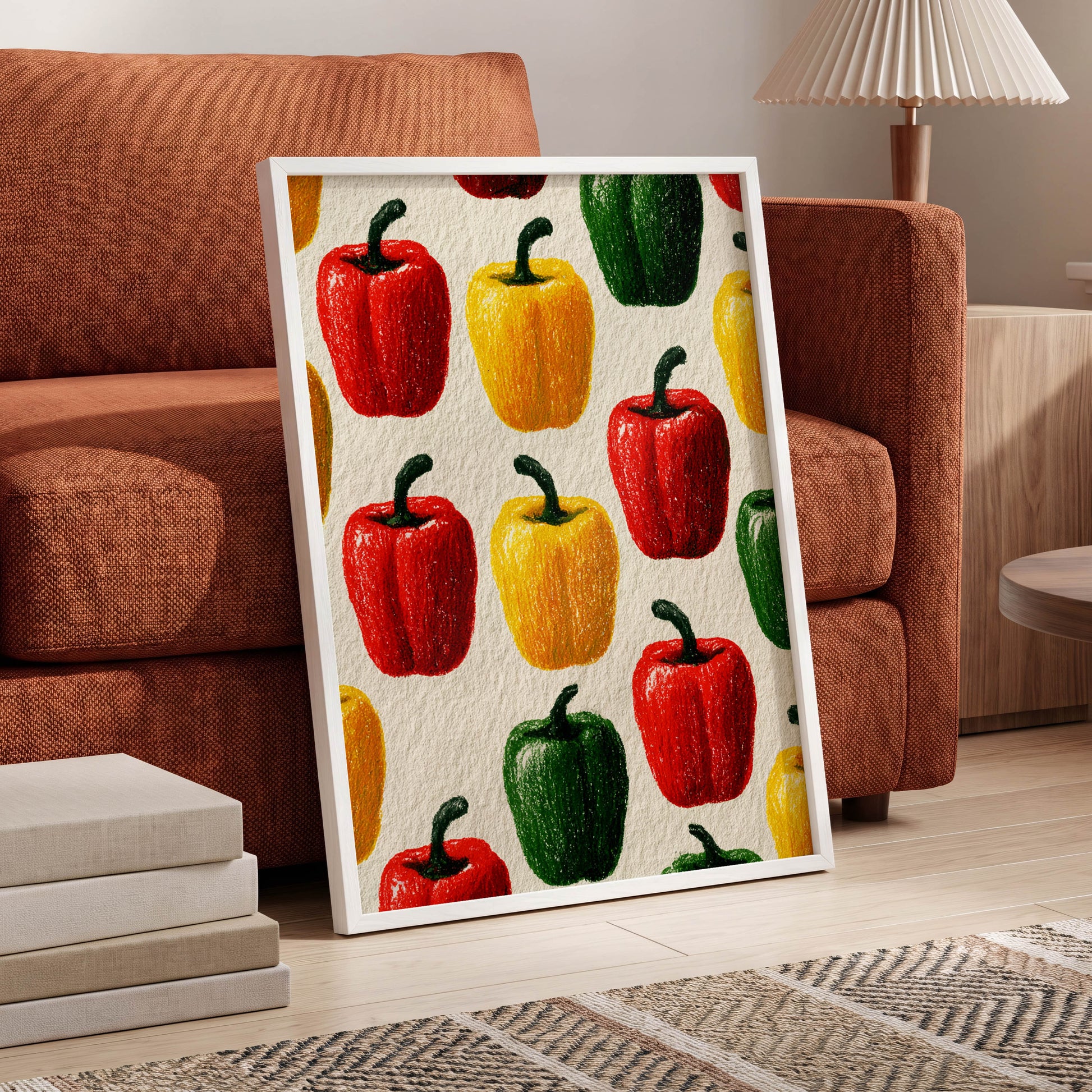 Pepper Parade, red, yellow, green nature wall art displayed in a styled interior, gallery view 6