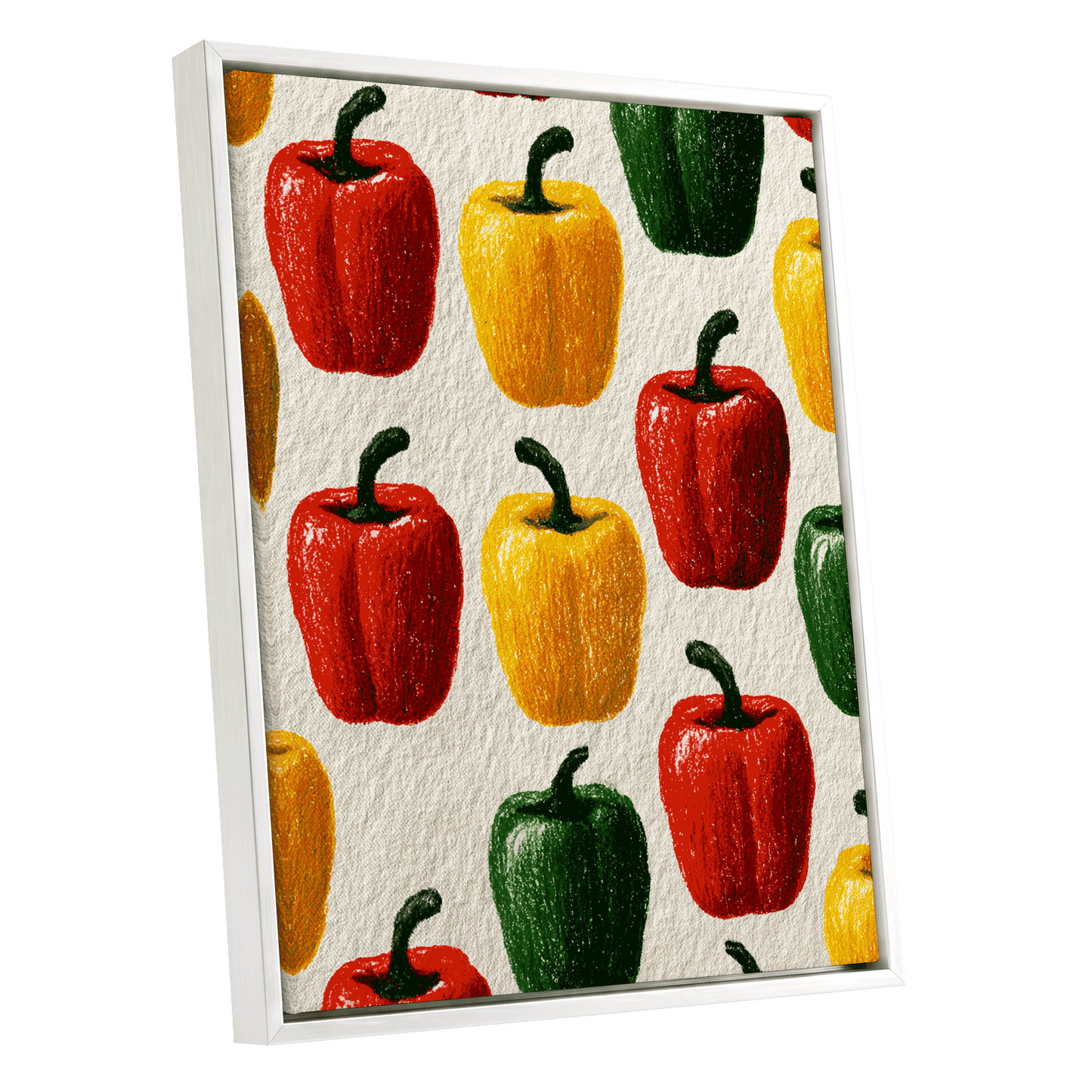 Pepper Parade, red, yellow, green nature wall art shown as a white framed canvas wall art
