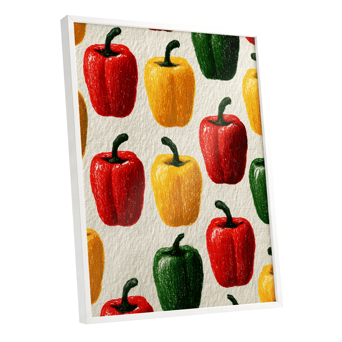 Pepper Parade, red, yellow, green nature wall art shown as a white framed poster wall art print