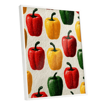 Pepper Parade, red, yellow, green nature wall art shown as a white framed poster wall art print