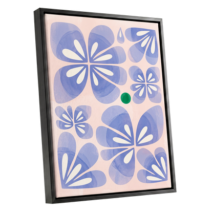 Periwinkle Petal Play, blue, pink, white floral wall art shown as a black framed canvas wall art