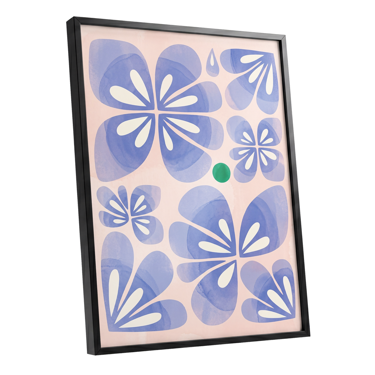 Periwinkle Petal Play, blue, pink, white floral wall art shown as a black framed poster wall art print