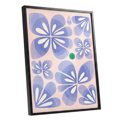 Periwinkle Petal Play, blue, pink, white floral wall art shown as a black framed poster wall art print