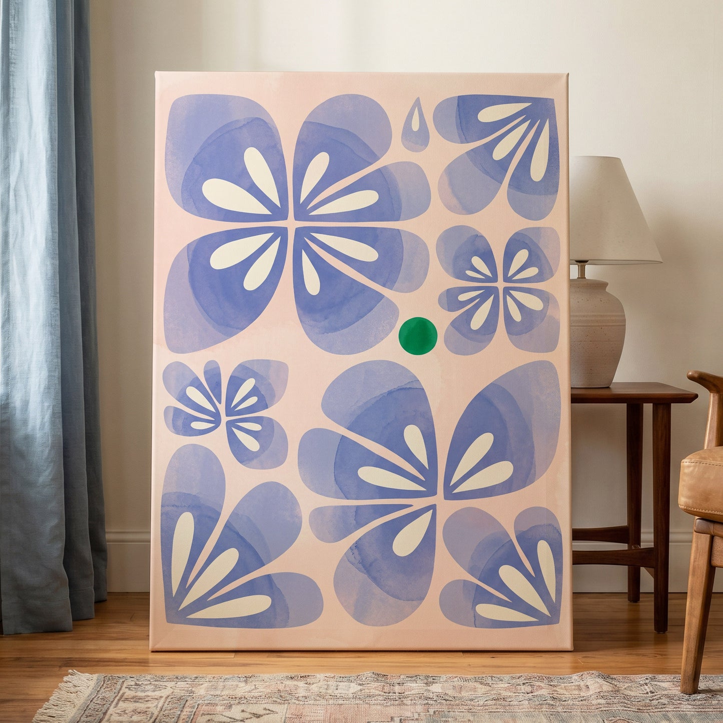 Periwinkle Petal Play, blue, pink, white floral wall art on canvas displayed in a styled interior, gallery view 1