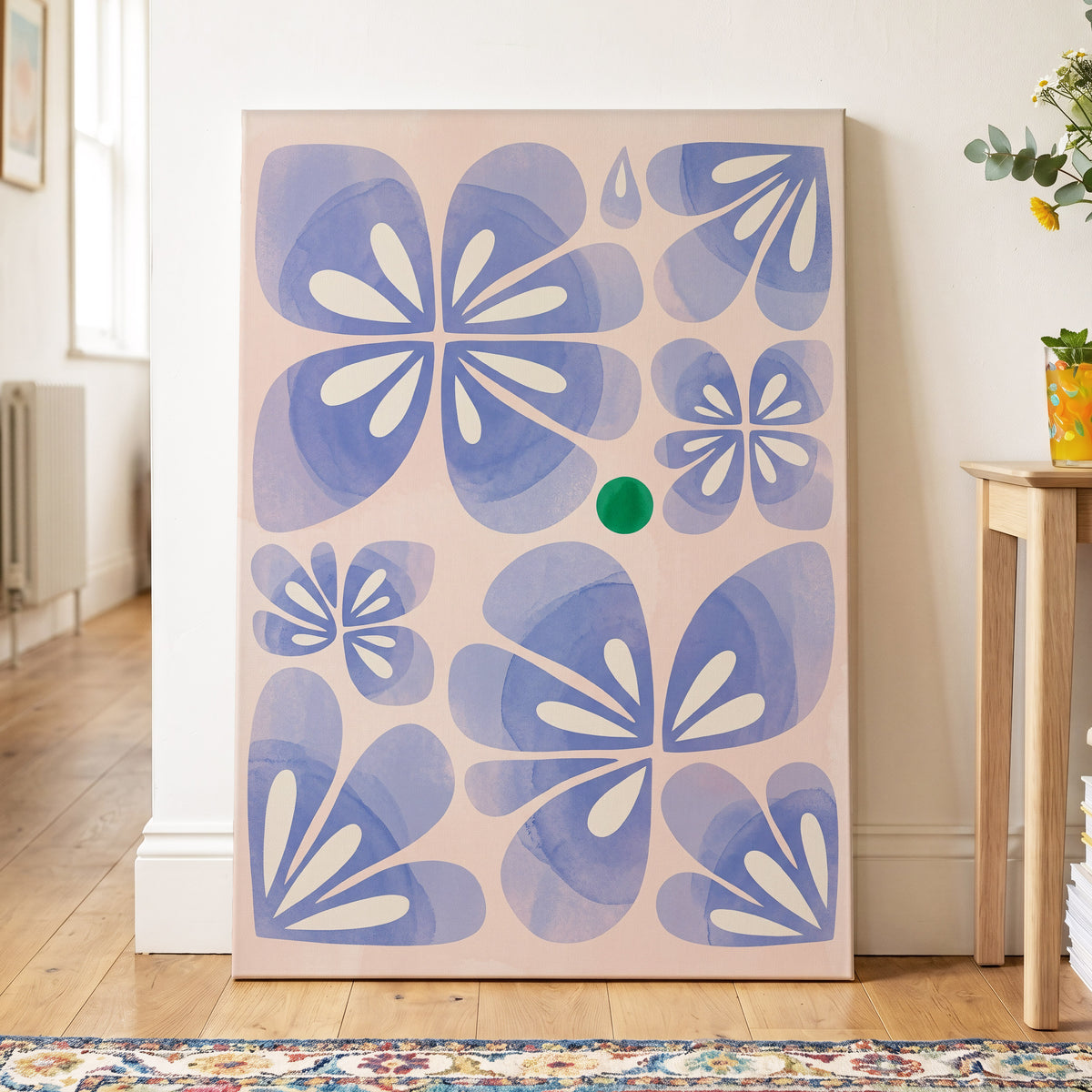 Periwinkle Petal Play, blue, pink, white floral wall art on canvas displayed in a styled interior, gallery view 2