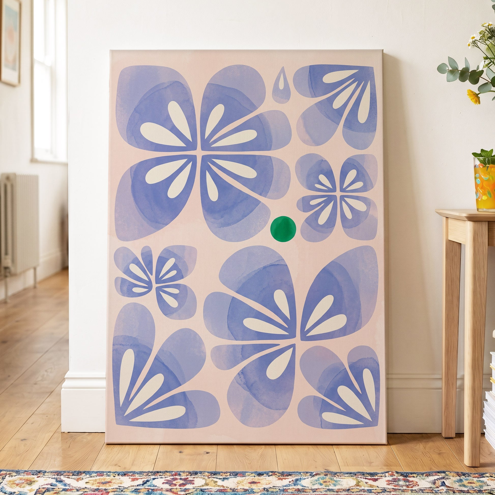 Periwinkle Petal Play, blue, pink, white floral wall art on canvas displayed in a styled interior, gallery view 2