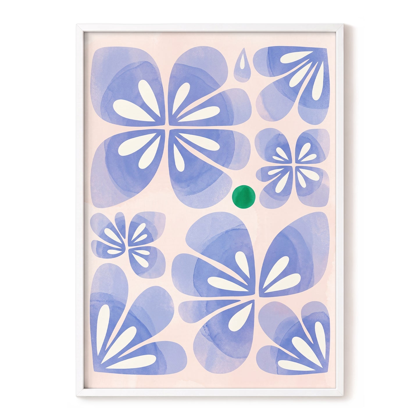 Periwinkle Petal Play, blue, pink, white floral wall art, front artwork view