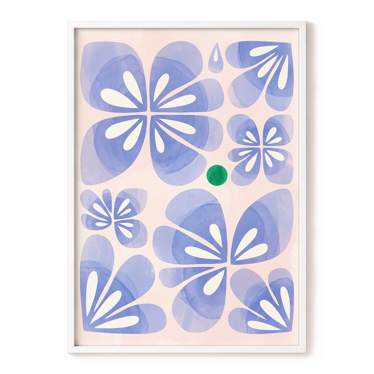 Periwinkle Petal Play, blue, pink, white floral wall art, front artwork view