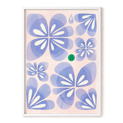Periwinkle Petal Play, blue, pink, white floral wall art, front artwork view