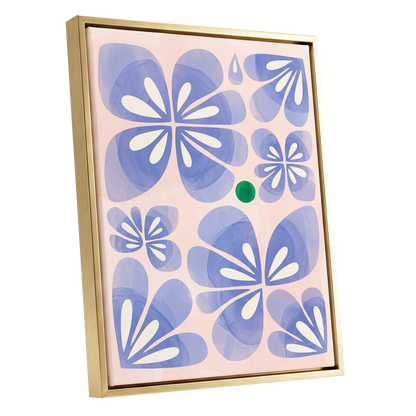 Periwinkle Petal Play, blue, pink, white floral wall art shown as a gold framed canvas wall art