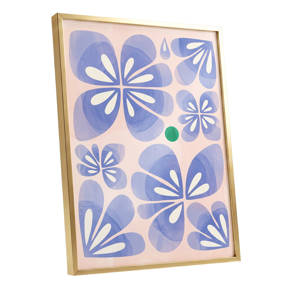 Periwinkle Petal Play, blue, pink, white floral wall art shown as a gold framed poster wall art print