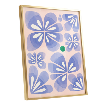 Periwinkle Petal Play, blue, pink, white floral wall art shown as a gold framed poster wall art print
