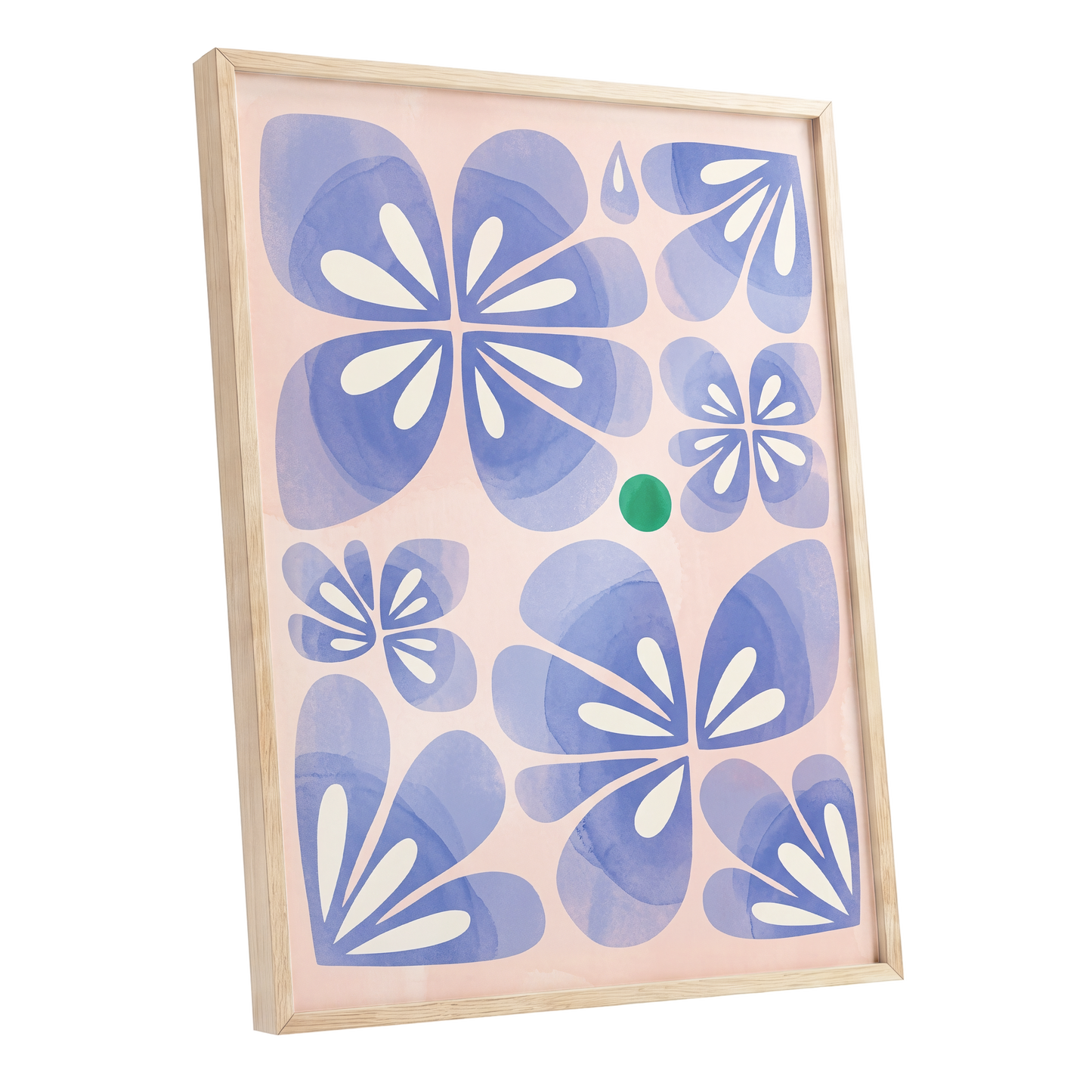 Periwinkle Petal Play, blue, pink, white floral wall art shown as a oak framed poster wall art print