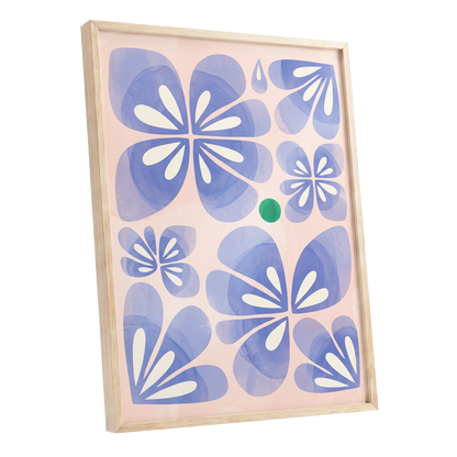 Periwinkle Petal Play, blue, pink, white floral wall art shown as a oak framed poster wall art print