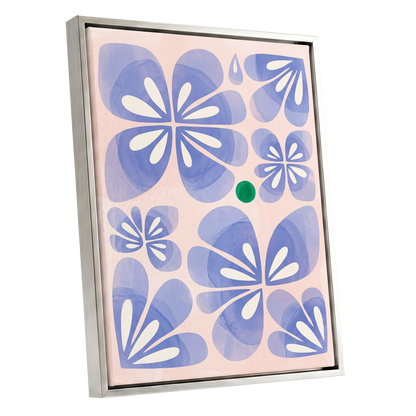 Periwinkle Petal Play, blue, pink, white floral wall art shown as a silver framed canvas wall art