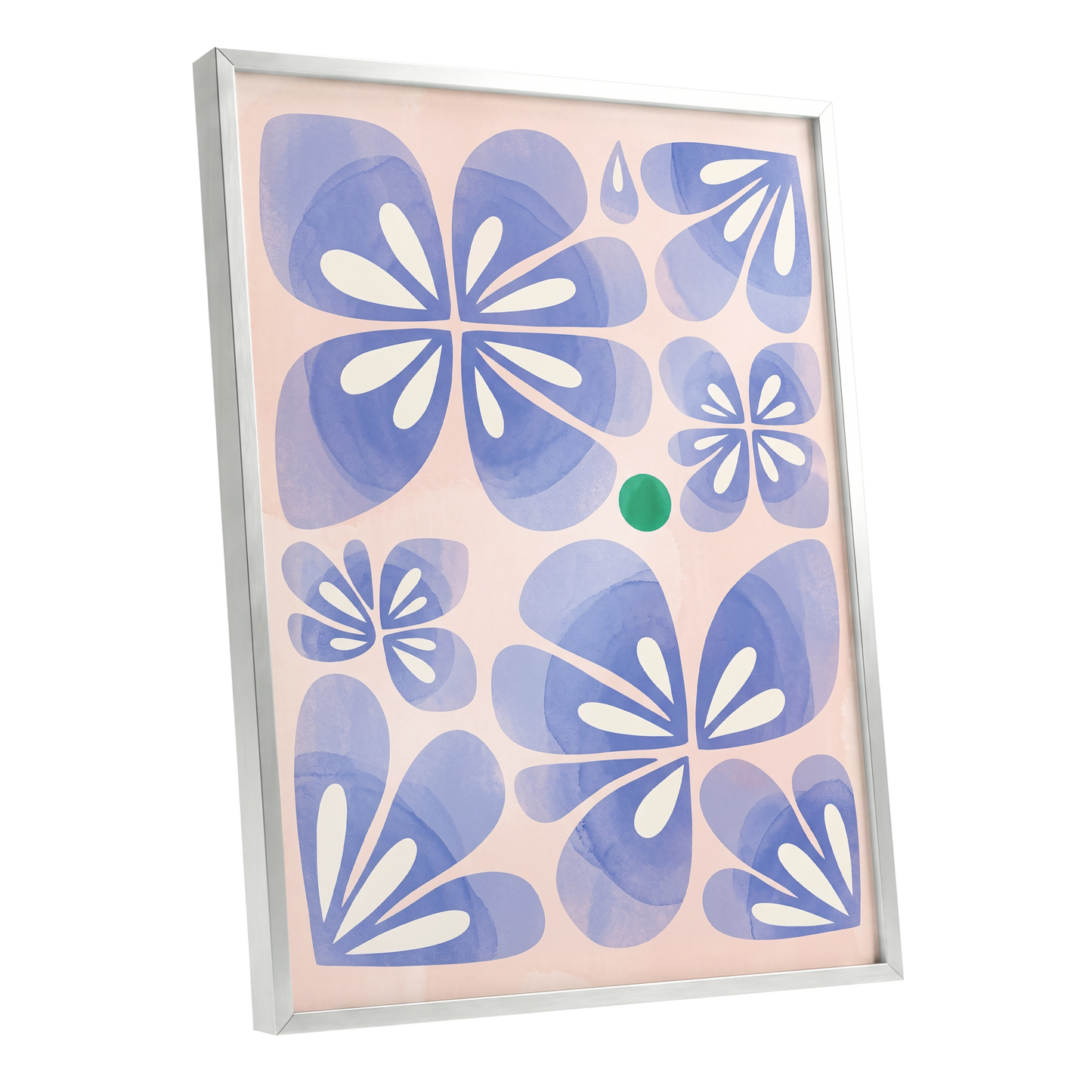 Periwinkle Petal Play, blue, pink, white floral wall art shown as a silver framed poster wall art print