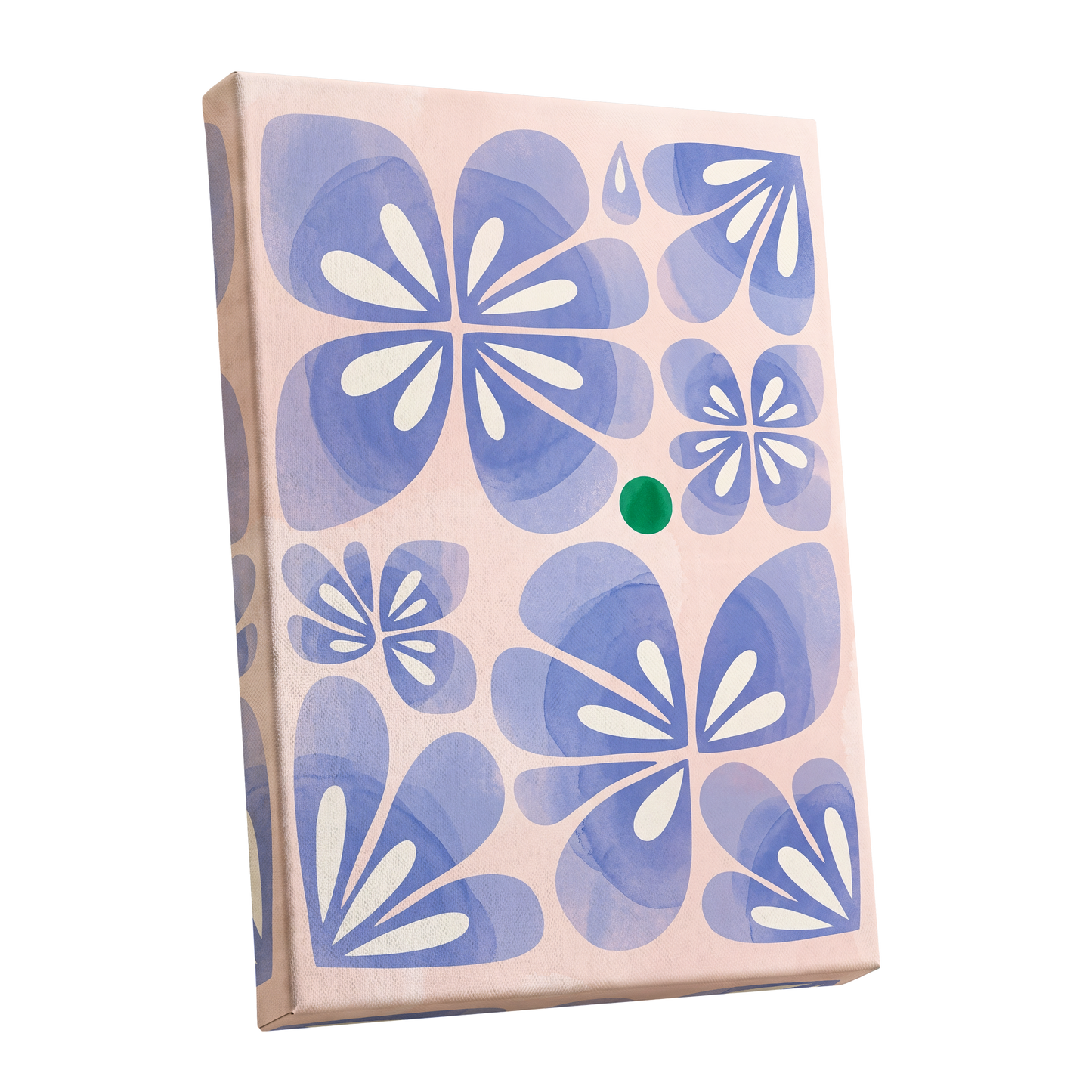 Periwinkle Petal Play, blue, pink, white floral wall art shown as a stretched canvas wall art