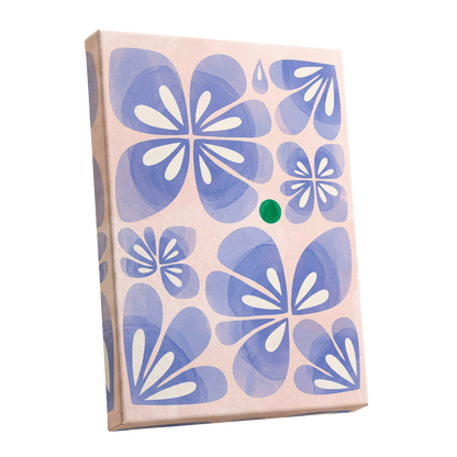 Periwinkle Petal Play, blue, pink, white floral wall art shown as a stretched canvas wall art