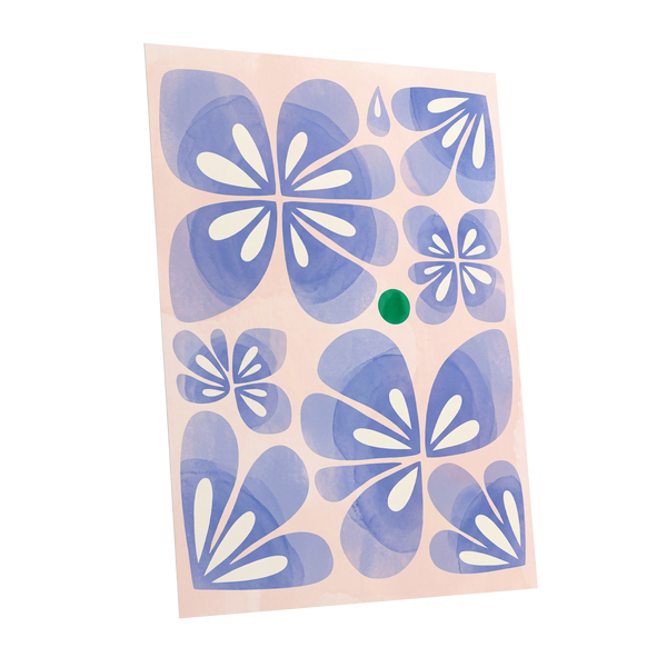 Periwinkle Petal Play, blue, pink, white floral wall art shown as a unframed poster wall art print