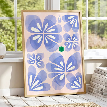 Periwinkle Petal Play, blue, pink, white floral wall art displayed in a styled interior, gallery view 1