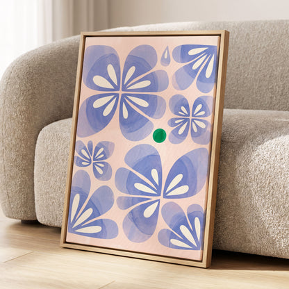 Periwinkle Petal Play, blue, pink, white floral wall art displayed in a styled interior, gallery view 2