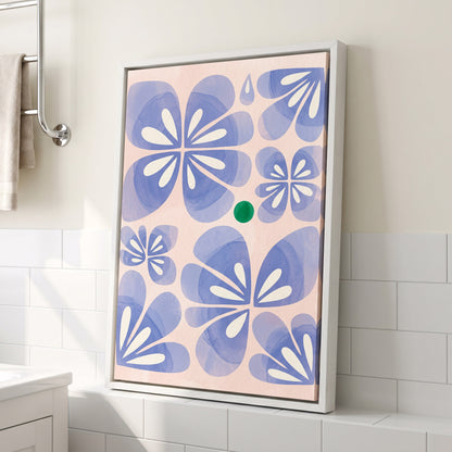 Periwinkle Petal Play, blue, pink, white floral wall art displayed in a styled interior, gallery view 3
