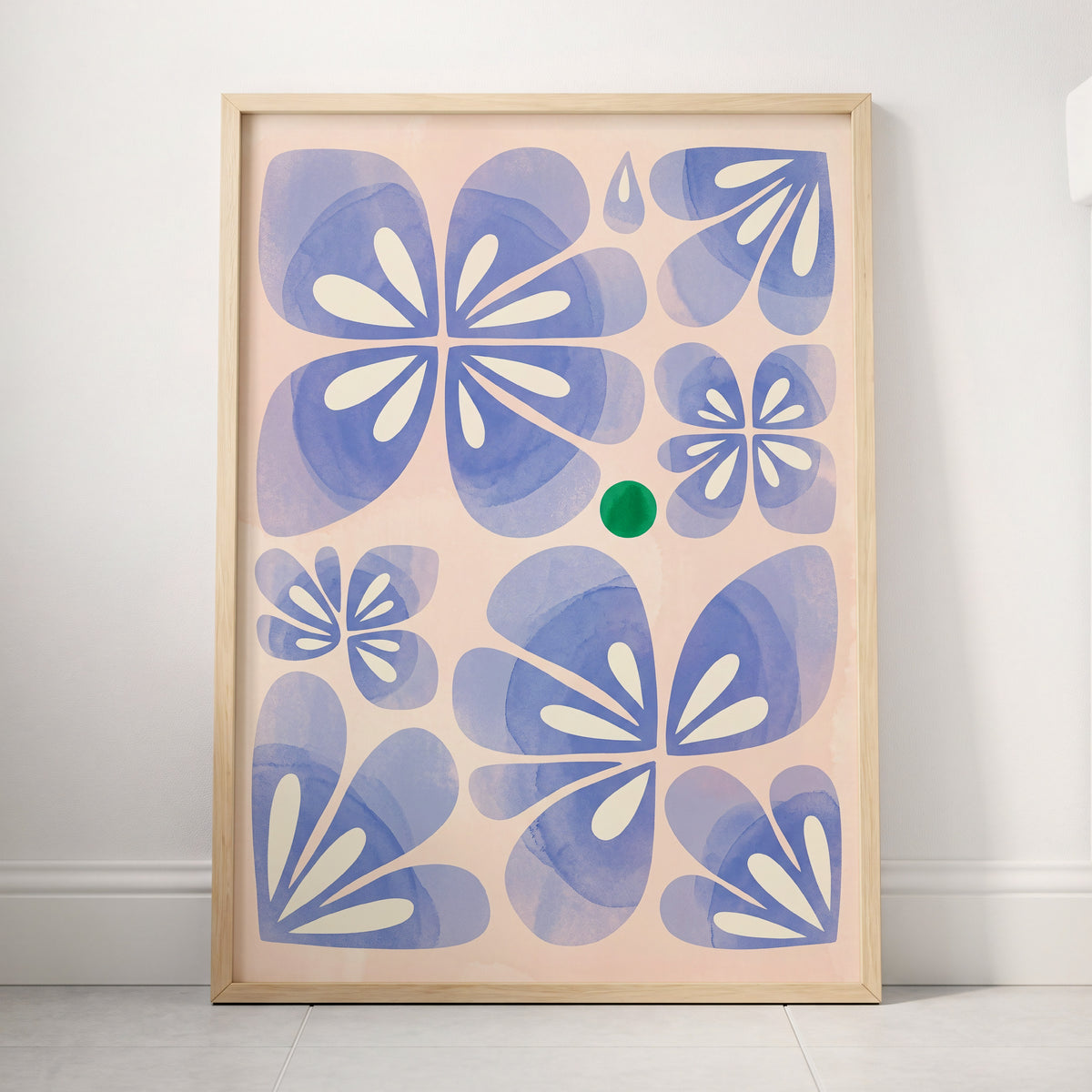 Periwinkle Petal Play, blue, pink, white floral wall art displayed in a styled interior, gallery view 4