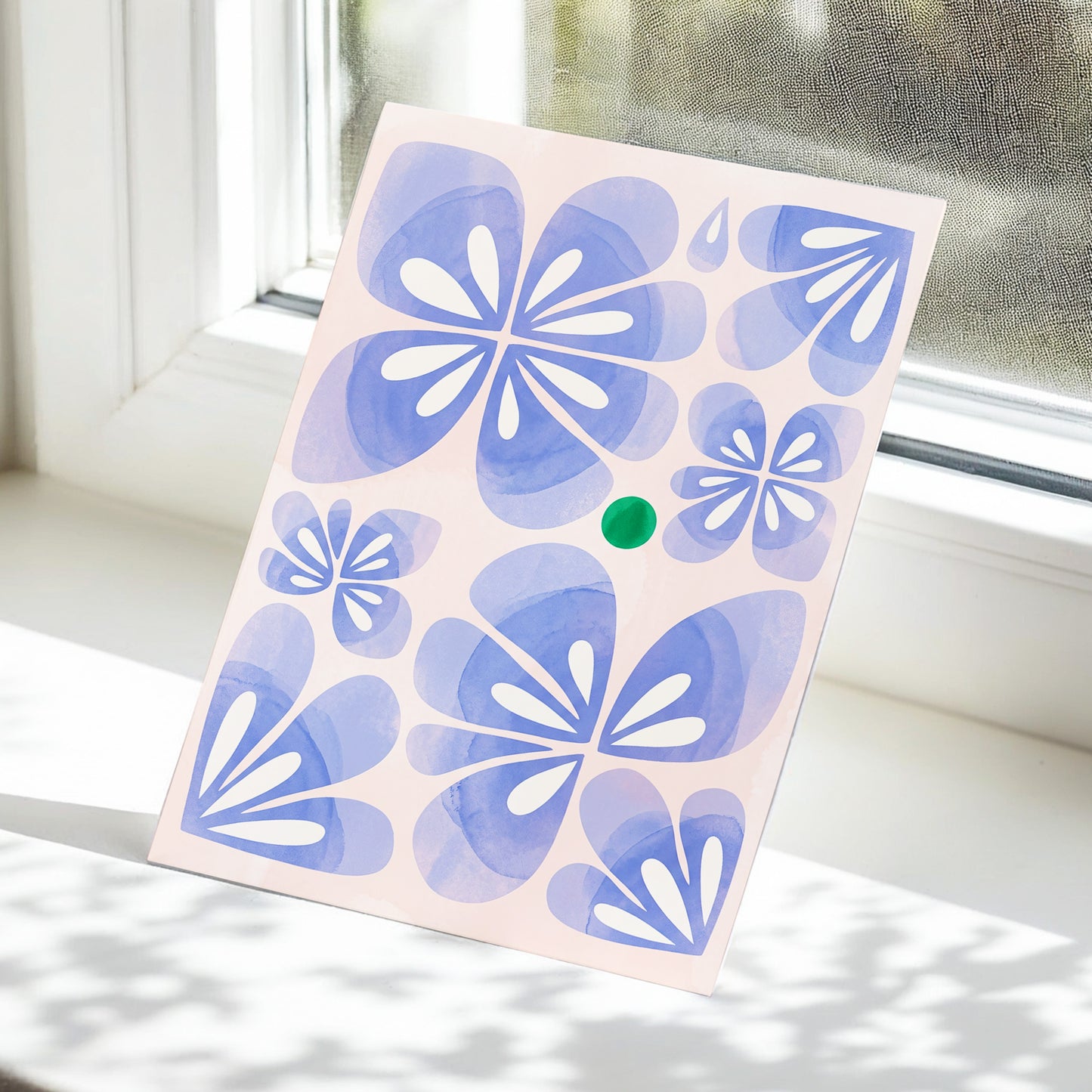 Periwinkle Petal Play, blue, pink, white floral wall art displayed in a styled interior, gallery view 5