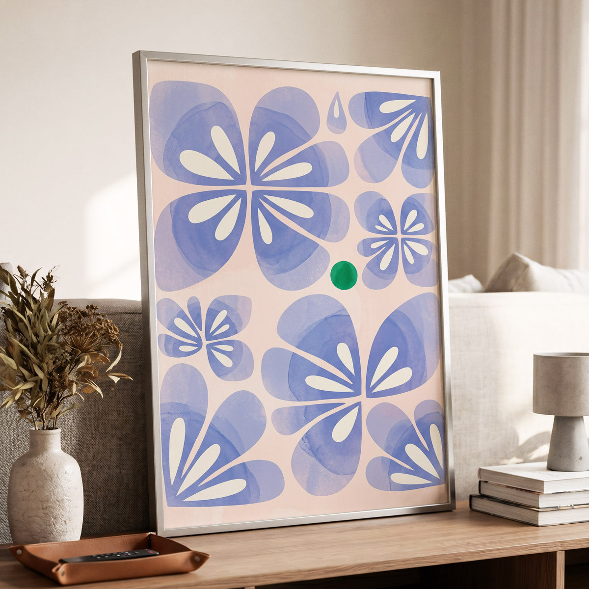 Periwinkle Petal Play, blue, pink, white floral wall art displayed in a styled interior, gallery view 6