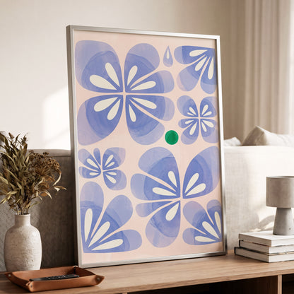 Periwinkle Petal Play, blue, pink, white floral wall art displayed in a styled interior, gallery view 6