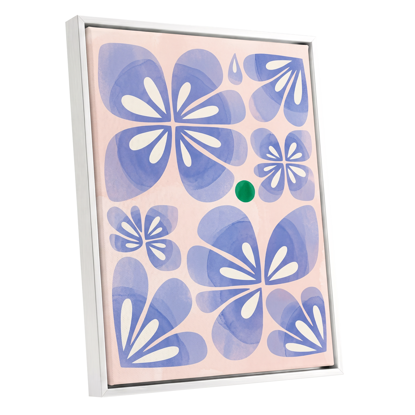 Periwinkle Petal Play, blue, pink, white floral wall art shown as a white framed canvas wall art