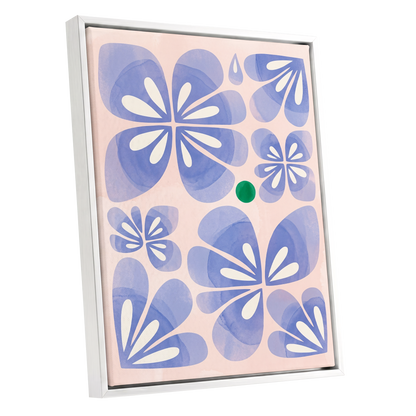Periwinkle Petal Play, blue, pink, white floral wall art shown as a white framed canvas wall art
