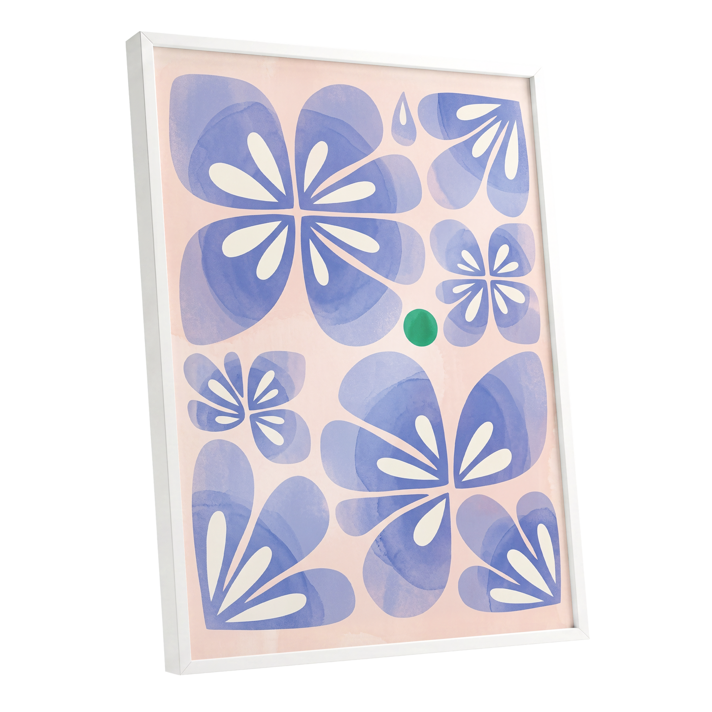 Periwinkle Petal Play, blue, pink, white floral wall art shown as a white framed poster wall art print