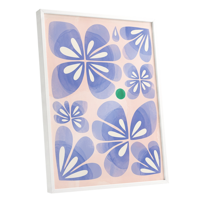 Periwinkle Petal Play, blue, pink, white floral wall art shown as a white framed poster wall art print
