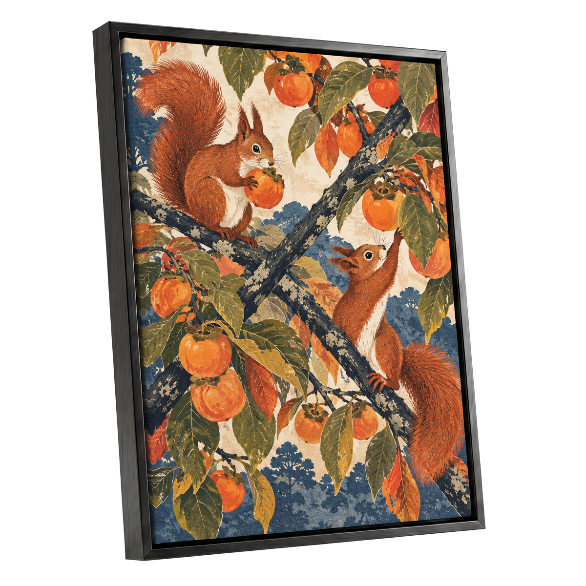 Persimmon Foragers, orange, brown, green nature wall art shown as a black framed canvas wall art