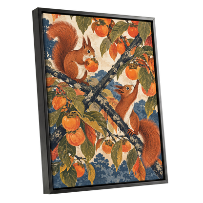 Persimmon Foragers, orange, brown, green nature wall art shown as a black framed canvas wall art