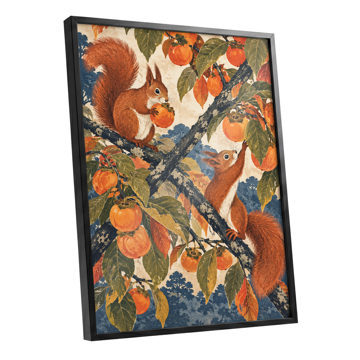 Persimmon Foragers, orange, brown, green nature wall art shown as a black framed poster wall art print