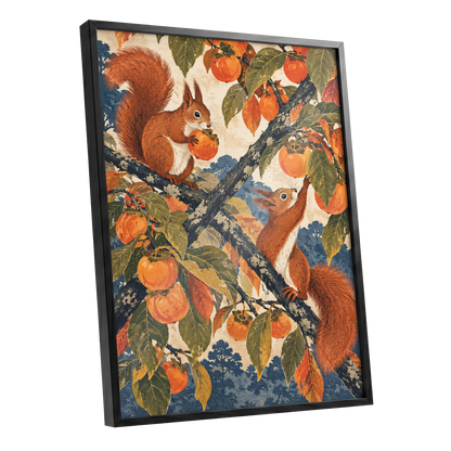 Persimmon Foragers, orange, brown, green nature wall art shown as a black framed poster wall art print