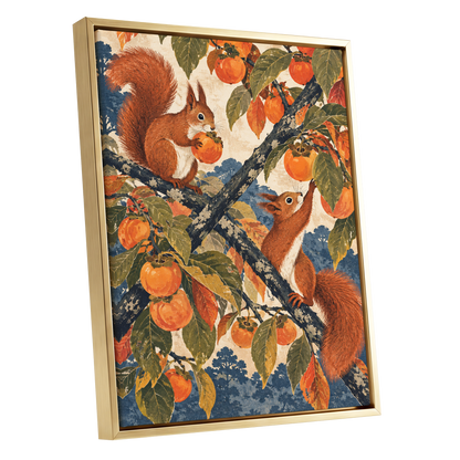 Persimmon Foragers, orange, brown, green nature wall art shown as a gold framed canvas wall art