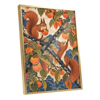 Persimmon Foragers, orange, brown, green nature wall art shown as a gold framed poster wall art print