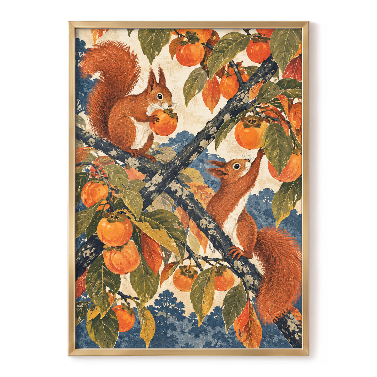 Persimmon Foragers, orange, brown, green nature wall art, front artwork view