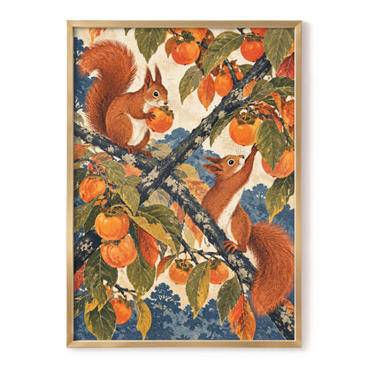 Persimmon Foragers, orange, brown, green nature wall art, front artwork view