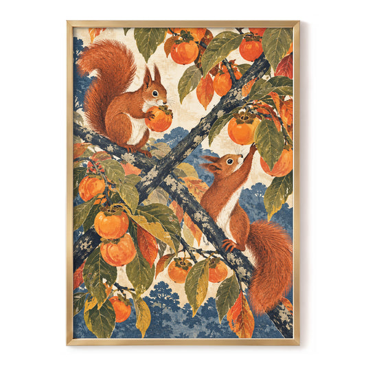 Persimmon Foragers, orange, brown, green nature wall art, front artwork view