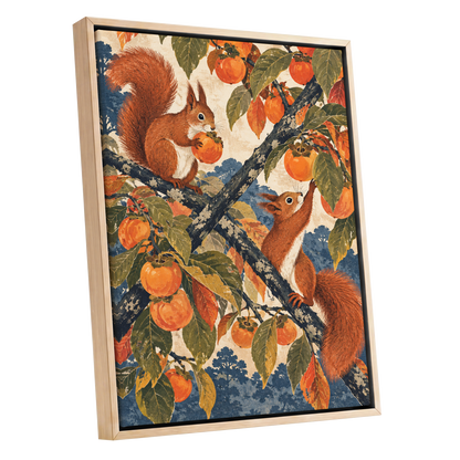 Persimmon Foragers, orange, brown, green nature wall art shown as a oak framed canvas wall art