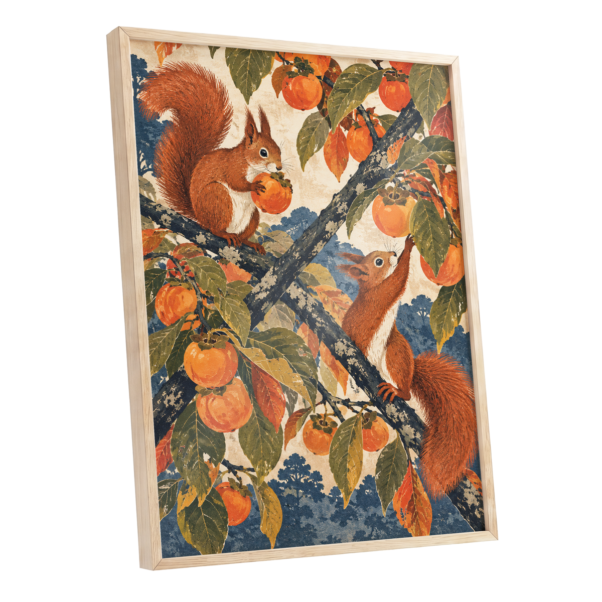 Persimmon Foragers, orange, brown, green nature wall art shown as a oak framed poster wall art print
