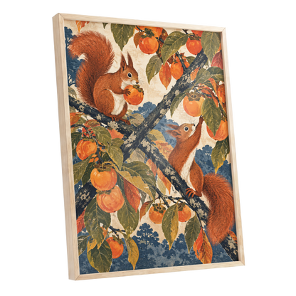 Persimmon Foragers, orange, brown, green nature wall art shown as a oak framed poster wall art print