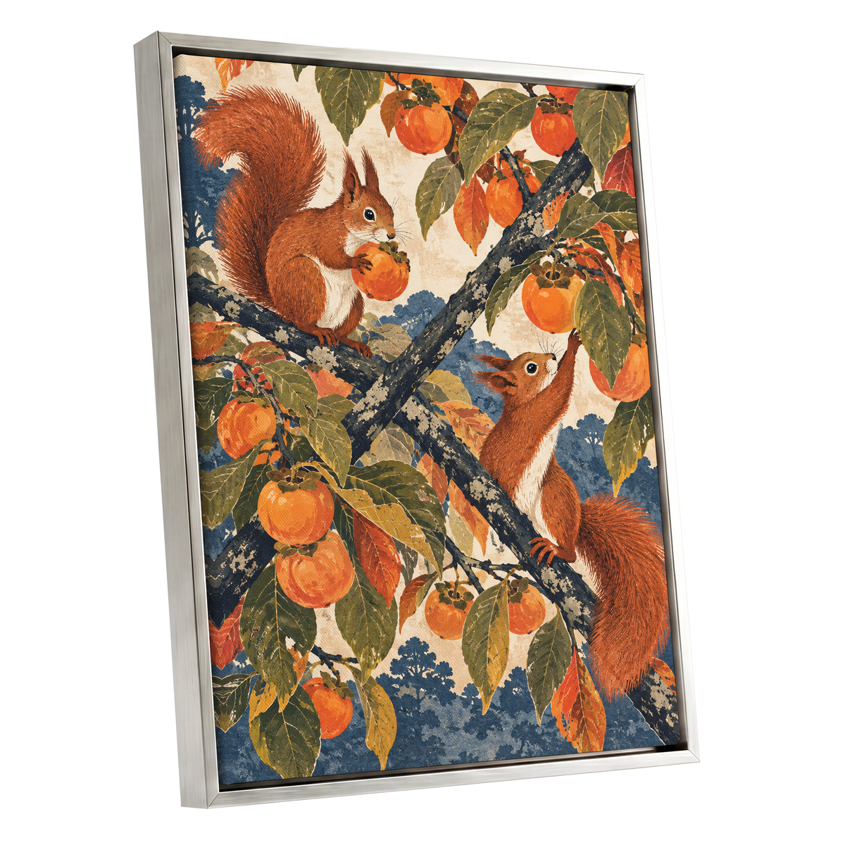 Persimmon Foragers, orange, brown, green nature wall art shown as a silver framed canvas wall art