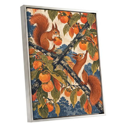 Persimmon Foragers, orange, brown, green nature wall art shown as a silver framed canvas wall art