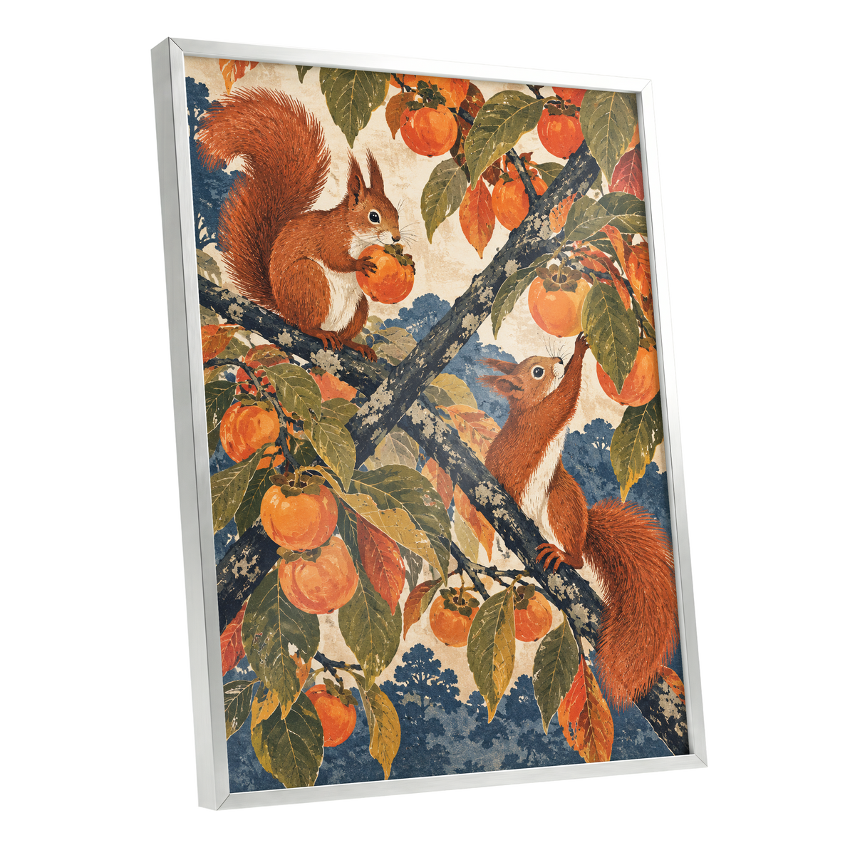 Persimmon Foragers, orange, brown, green nature wall art shown as a silver framed poster wall art print